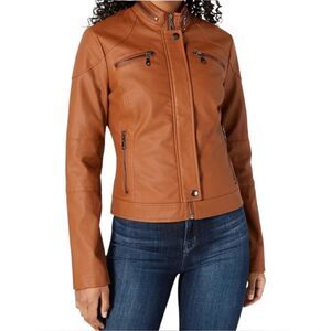 Maralyn & Me Juniors Faux-Leather Cognac Moto Zip Front Biker Jacket Medium NWT